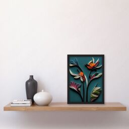 Artery8 Modern Paper Quilling Bird on Exotic Flower Plant Leaves Blue Orange Teal Artwork Framed Wall Art Print A4 in Black - thumbnail 2
