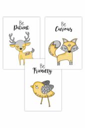 ARTZE Set of 3 Scandi Nursery Fox Animals Quote Yellow Grey Art Posters in Bright Yellow - Size: W50 cm x H70 cm - thumbnail 1