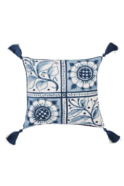 V & A 'Scrolling Carnation' Cotton Cushion in Blue - Size: 45 cm x 45 cm - image 1
