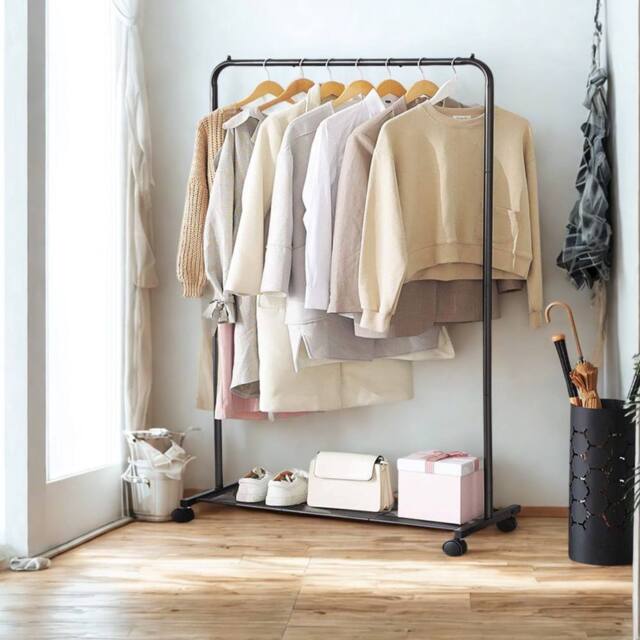 Pirlo Plush Metal Clothes Rack Rail on Wheels With Storage Shelf in Black - image 1