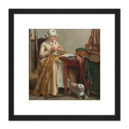 Artery8 Hendriks Interior With Woman Sewing Dog Painting 8X8 Inch Square Wooden Framed Wall Art Print Picture with Mount in Black - thumbnail 1