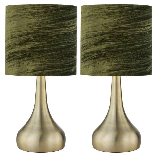 First Choice Lighting Set of 2 Romana - Antique Brass Touch Table Lamps Green Crushed Velvet in Bronze - image 1