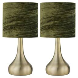 First Choice Lighting Set of 2 Romana - Antique Brass Touch Table Lamps Green Crushed Velvet in Bronze