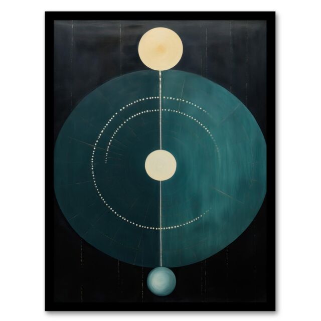 Wee Blue Coo Wall Art Print Abstract Teal Stone Circles Oil Painting Blue Yellow on Black Minimalist Geometric Art Framed in Dark Blue - Size: A4 - image 1