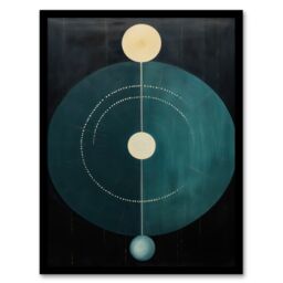 Wee Blue Coo Wall Art Print Abstract Teal Stone Circles Oil Painting Blue Yellow on Black Minimalist Geometric Art Framed in Dark Blue - Size: A4 - thumbnail 1