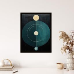 Wee Blue Coo Wall Art Print Abstract Teal Stone Circles Oil Painting Blue Yellow on Black Minimalist Geometric Art Framed in Dark Blue - Size: A4 - thumbnail 4