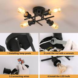Pheashine Black 28cm 4-Light Semi-Flush Ceiling Light E27 Vintage Industrial - thumbnail 5