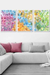 ARTZE Set of 3 White Framed Abstract Tropical Summer Fruits Wall Art in Bright Pink - Size: W33 cm x H45 cm x D20mm - thumbnail 1