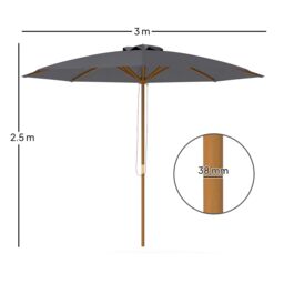OUTSUNNY Wooden Garden Parasol with Rope Pulley Mechanism, Dark Grey - thumbnail 3