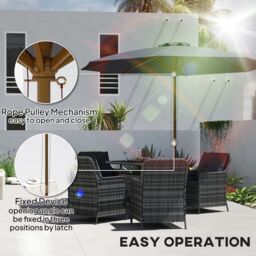 OUTSUNNY Wooden Garden Parasol with Rope Pulley Mechanism, Dark Grey - thumbnail 6