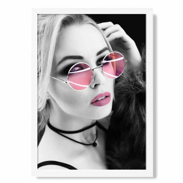 ARTZE Girl with Pink Sunglasses Fashion Black & White Photo Framed Print SIZE: A4 with White Frame - image 1