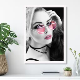 ARTZE Girl with Pink Sunglasses Fashion Black & White Photo Framed Print SIZE: A4 with White Frame - thumbnail 2