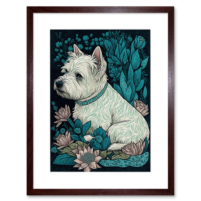 "Artery8 Wall Art Print West Highland White Terrier Sitting in Flower Field Modern Dark Artwork Framed 9X7 Inch in Brown - Size: W7"" x H9""" - image 1