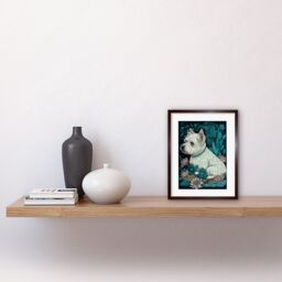 "Artery8 Wall Art Print West Highland White Terrier Sitting in Flower Field Modern Dark Artwork Framed 9X7 Inch in Brown - Size: W7"" x H9""" - thumbnail 2