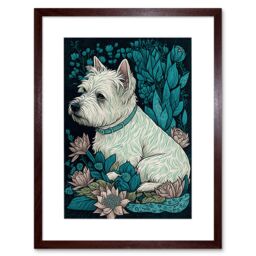"Artery8 Wall Art Print West Highland White Terrier Sitting in Flower Field Modern Dark Artwork Framed 9X7 Inch in Brown - Size: W7"" x H9""" - thumbnail 1