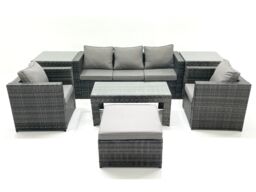 Fimous Rattan Garden Furniture Set Outdoor Lounger Sofa with Coffee Table 2 Armchair Big Footstool 2 Side Tables Dark Grey Mixed - thumbnail 2