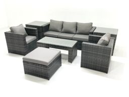 Fimous Rattan Garden Furniture Set Outdoor Lounger Sofa with Coffee Table 2 Armchair Big Footstool 2 Side Tables Dark Grey Mixed - thumbnail 1