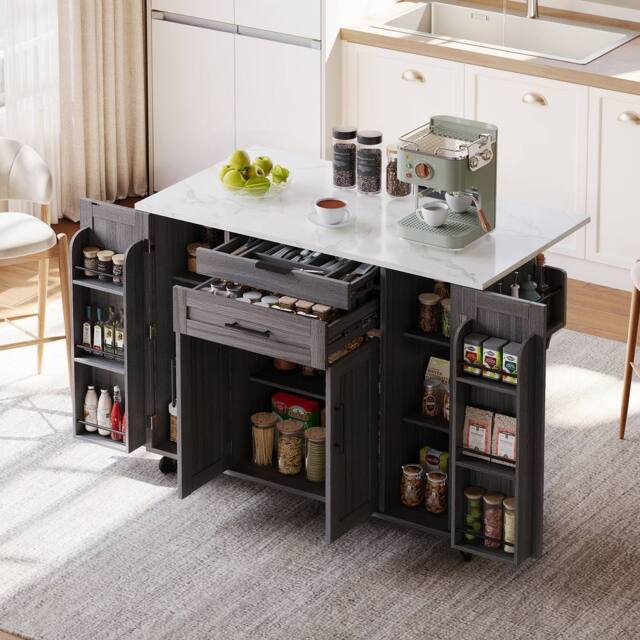 BTM Kitchen Island on Wheels with Foldable Tabletop Storage in Grey - image 1