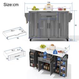 BTM Kitchen Island on Wheels with Foldable Tabletop Storage in Grey - thumbnail 7