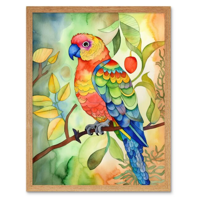 "Artery8 Wall Art Print Parrot Bird On Tree Branch Folk Art Watercolour Painting Art Framed in Light Oak - Size: W12"" x H16""" - image 1