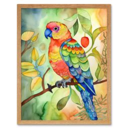 "Artery8 Wall Art Print Parrot Bird On Tree Branch Folk Art Watercolour Painting Art Framed in Light Oak - Size: W12"" x H16""" - thumbnail 1