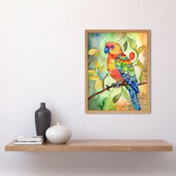 "Artery8 Wall Art Print Parrot Bird On Tree Branch Folk Art Watercolour Painting Art Framed in Light Oak - Size: W12"" x H16""" - thumbnail 2