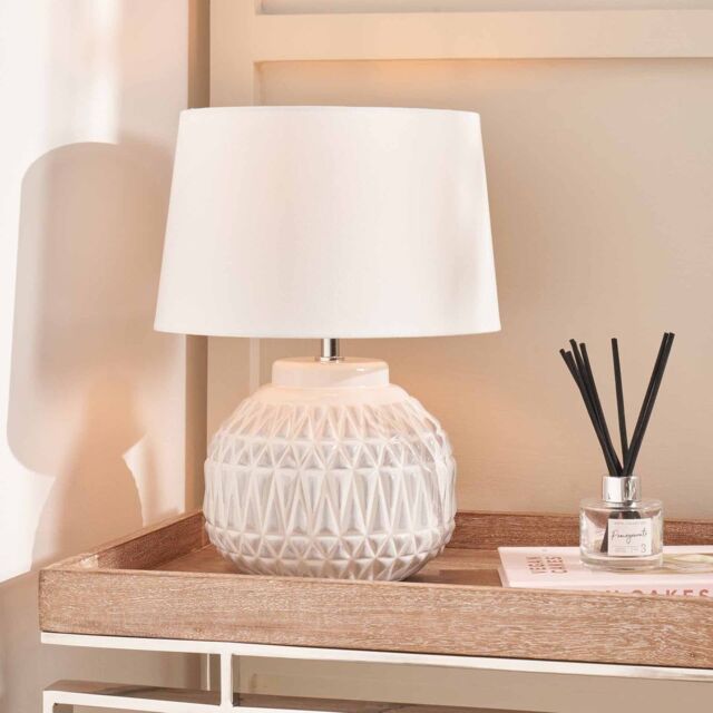 Ruma Small Bronze Textured Aztec Pattern Ceramic Table Lamp with Shade in White - image 1
