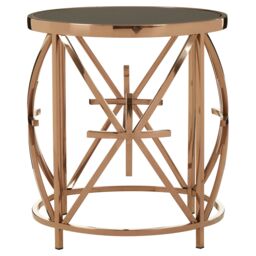 Orsina Round Star Base Side Table, Rose Gold Stainless Steel Frame, Black Tempered Glass Top, Accent Table