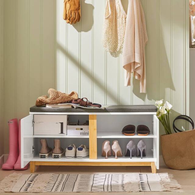 SoBuy Entrance Storage Bench - Padded Seat & Dual Doors - Modern in White - Size: 90 cm x 35 cm - image 1
