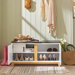 SoBuy Entrance Storage Bench - Padded Seat & Dual Doors - Modern in White - Size: 90 cm x 35 cm