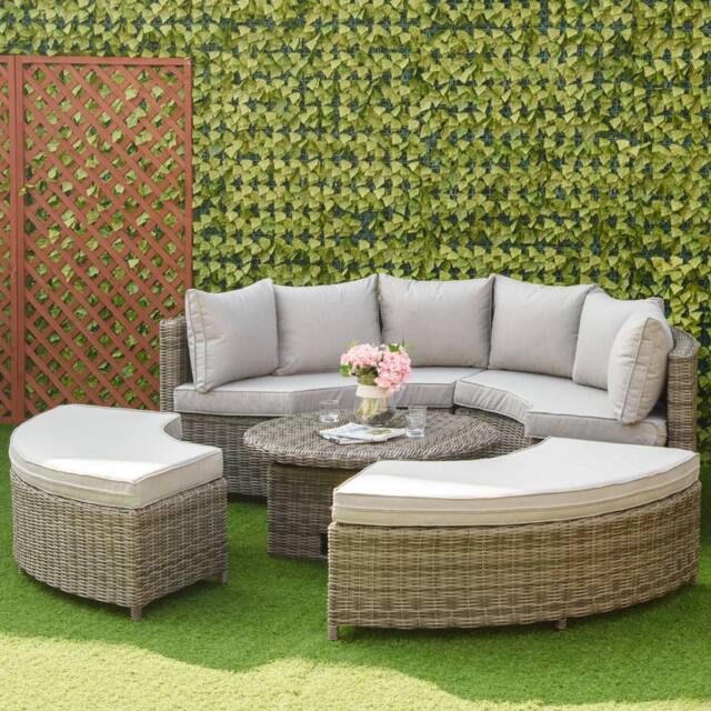 OUTSUNNY 5 PCs Outdoor Rattan Lounge Chair Round Daybed Table Conversation Set w/ Cushion in Grey - image 1