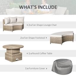 OUTSUNNY 5 PCs Outdoor Rattan Lounge Chair Round Daybed Table Conversation Set w/ Cushion in Grey - thumbnail 4