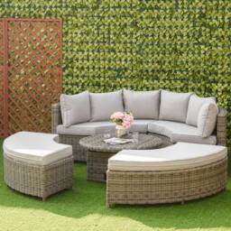 OUTSUNNY 5 PCs Outdoor Rattan Lounge Chair Round Daybed Table Conversation Set w/ Cushion in Grey - thumbnail 1