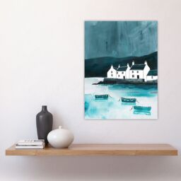 "Artery8 Scottish Seascape White Coastal Cottages Boats Wall Art Print in Blue - Size: W24"" x H32""" - thumbnail 4
