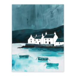 "Artery8 Scottish Seascape White Coastal Cottages Boats Wall Art Print in Blue - Size: W24"" x H32""" - thumbnail 1