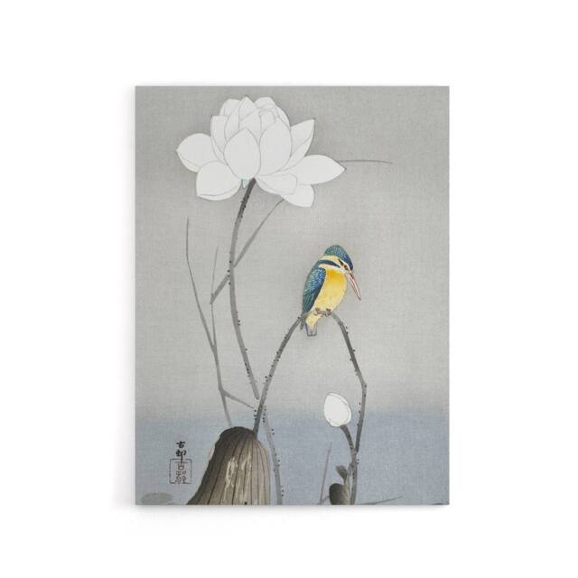 "Artery8 Kingfisher With Lotus Flower Canvas Wall Art Print Ohara Koson in Grey - Size: W18"" x H24""" - image 1