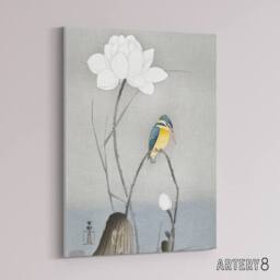 "Artery8 Kingfisher With Lotus Flower Canvas Wall Art Print Ohara Koson in Grey - Size: W18"" x H24""" - thumbnail 2