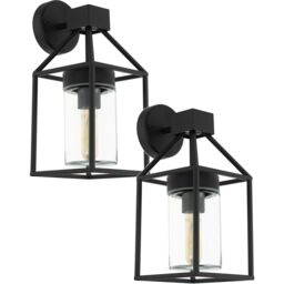 Loops 2 PACK IP44 Outdoor Wall Light Black & Square Glass shade 60W E27 Porch Lamp