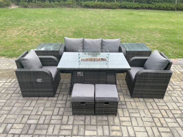 Fimous Wicker Rattan Garden Furniture Sofa Set Gas Fire Pit Dining Table Indoor Outdoor with 2 Side Table Chair Footstool in Dark Grey - image 1