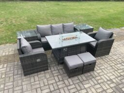 Fimous Wicker Rattan Garden Furniture Sofa Set Gas Fire Pit Dining Table Indoor Outdoor with 2 Side Table Chair Footstool in Dark Grey - thumbnail 3