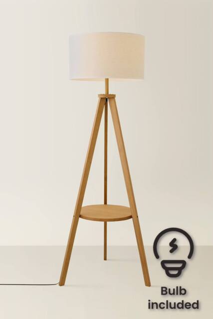 ValueLights Morrigan Rich Wood Tripod Floor Lamp with Drum Lamp Shade & Bulb in Cream - image 1