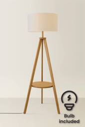 ValueLights Morrigan Rich Wood Tripod Floor Lamp with Drum Lamp Shade & Bulb in Cream - thumbnail 1