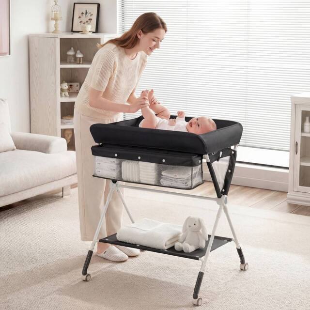CASART Foldable Baby Diaper Changing Table Nursery Organizer w/Storage Basket in Black - image 1