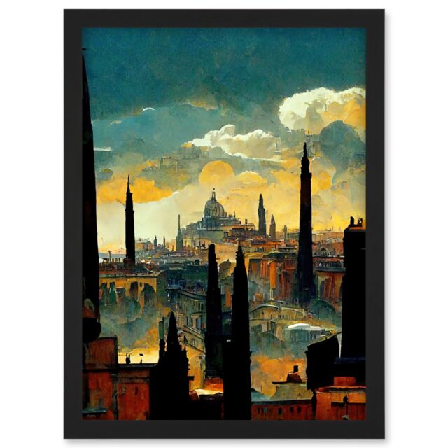 Artery8 Industrial Cityscape Sunset Artwork Framed Wall Art Print A4 in Black - image 1