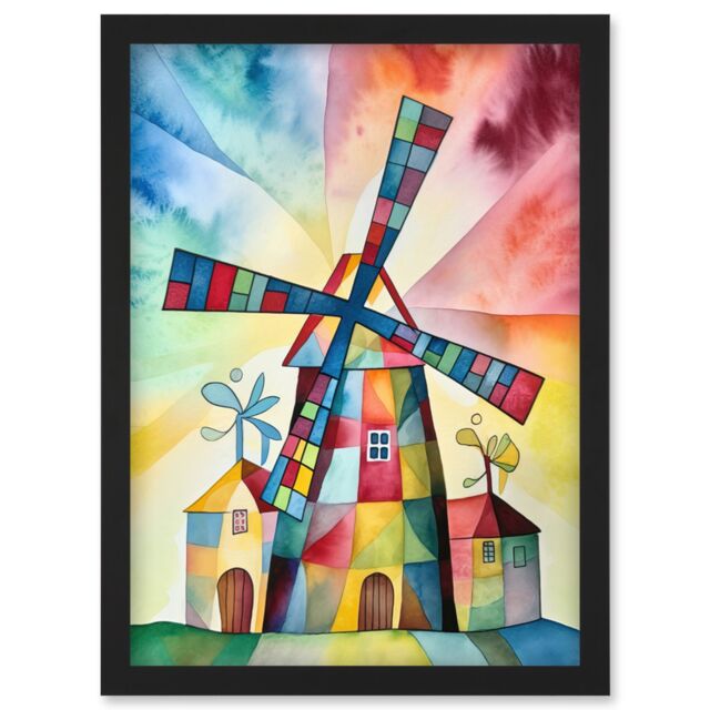 Artery8 Windmill Folk Art Abstract Bright Artwork Framed Wall Art Print A4 in Black - image 1