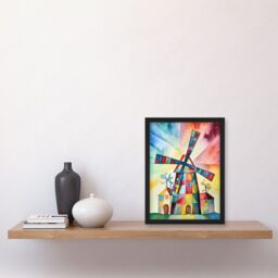 Artery8 Windmill Folk Art Abstract Bright Artwork Framed Wall Art Print A4 in Black - thumbnail 2
