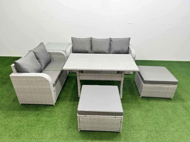 Fimous 7 Seater PE Rattan Wicker Garden Furniture Patio Conservatory Sofa Set w/ Rectangular Dining Table 3 Seater Sofa Love Sofa 2 Big Footstool - image 1
