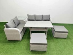 Fimous 7 Seater PE Rattan Wicker Garden Furniture Patio Conservatory Sofa Set w/ Rectangular Dining Table 3 Seater Sofa Love Sofa 2 Big Footstool - thumbnail 1