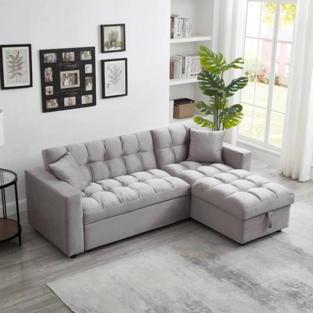 LUXURY LIFE Madero Velvet 3 Seater Sofa Bed with Reversible Chaise in Grey