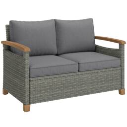 OUTSUNNY 2 Seater Rattan Garden Sofa with Acacia Wood Armrests in Dark Grey - thumbnail 2